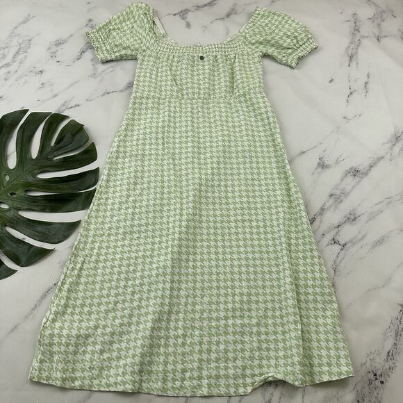 Roxy Houndstooth Midi Dress Size S Mint Green White Puff Sleeve Pastel - Picture 7 of 10
